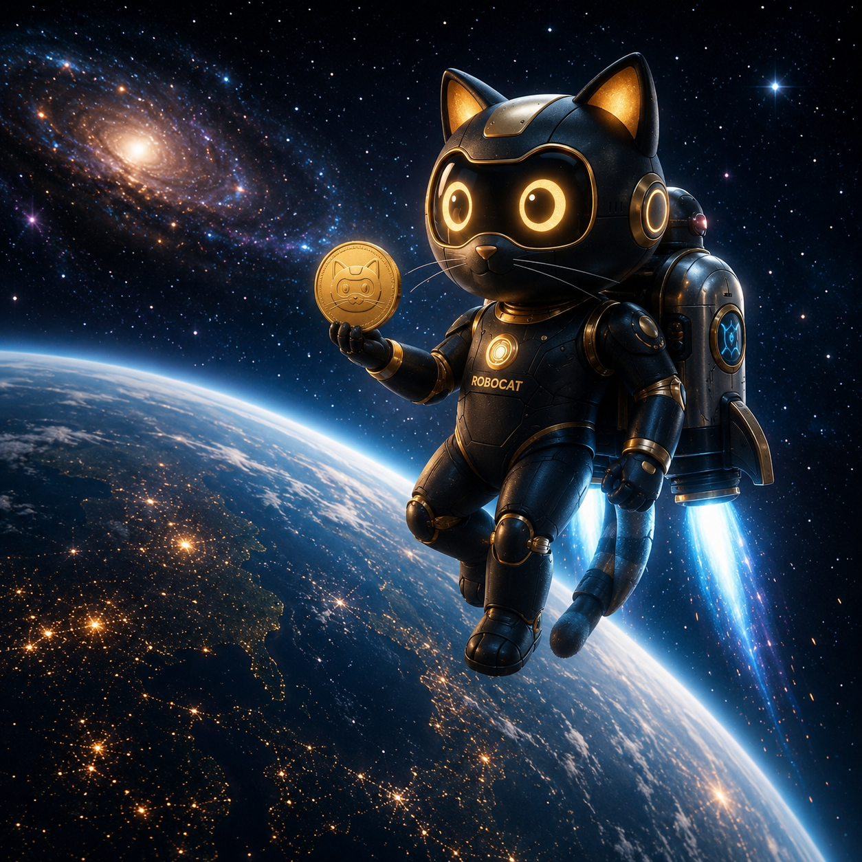 ROBOCAT, a robot cat from the year 2226, holding the golden coin
