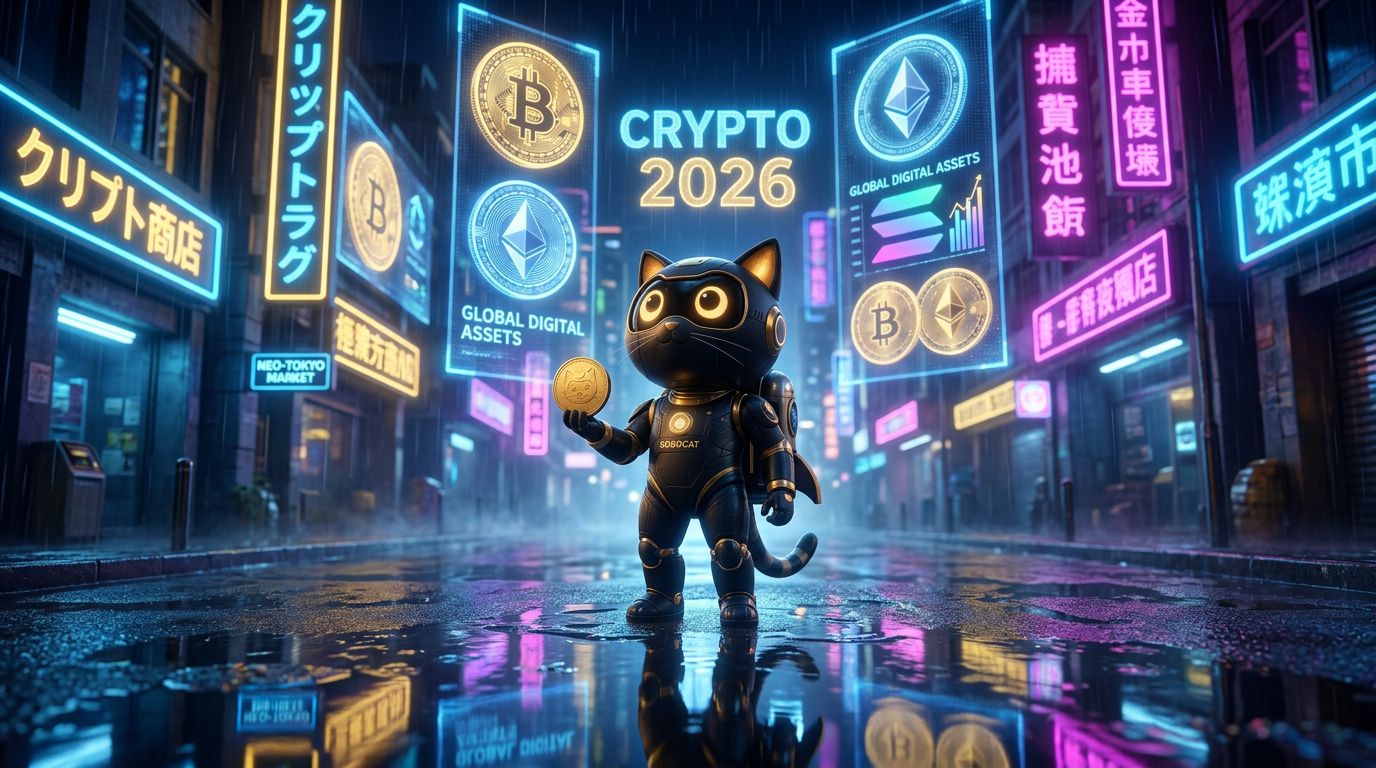 ROBOCAT holding the golden coin in a neon-lit city in 2026