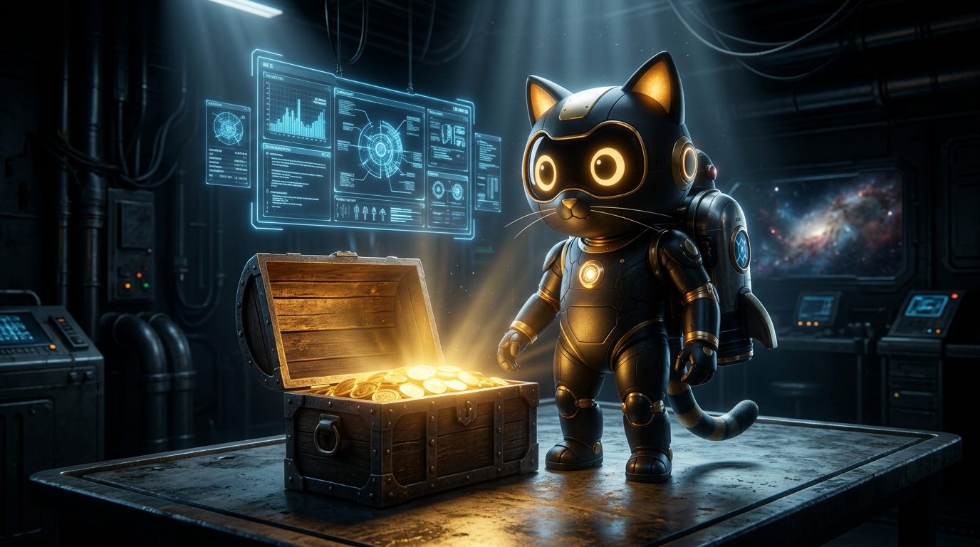 ROBOCAT beside the golden coin inside a 2226 laboratory