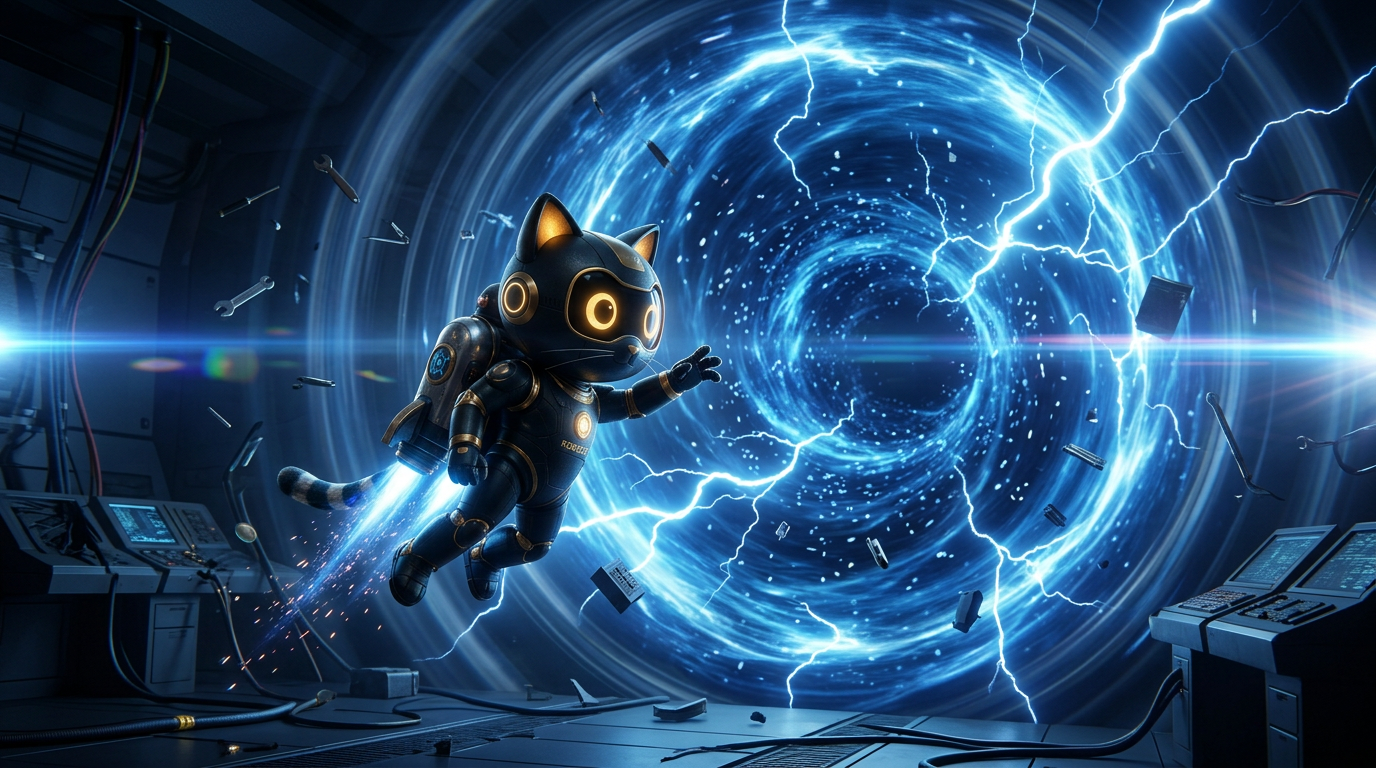 A massive blue time portal pulling ROBOCAT in